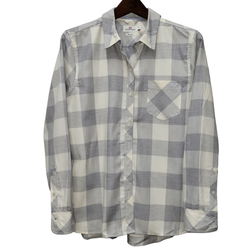 Vineyard Vines Soft Flannel Grey Plaid Button-Up Relaxed Fit Shirt Size 10 Women